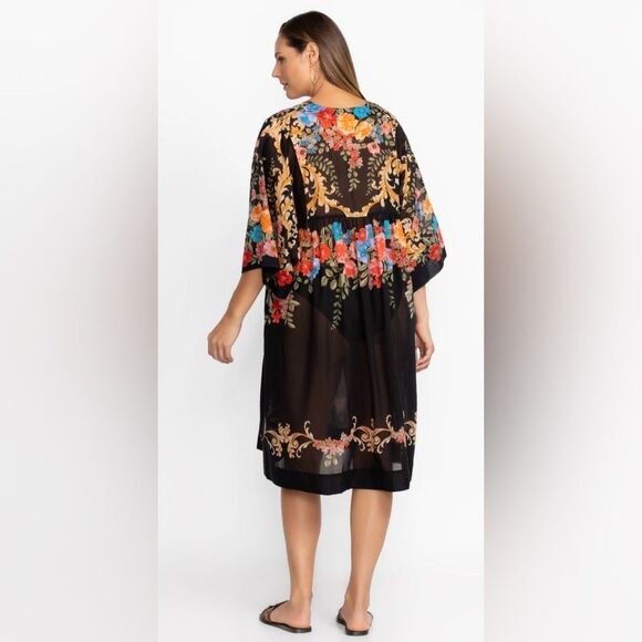 Johnny Was Easy Cotton & Silk Blend Coverup Dress in Black Royal Floral Multi M - Picture 2 of 7